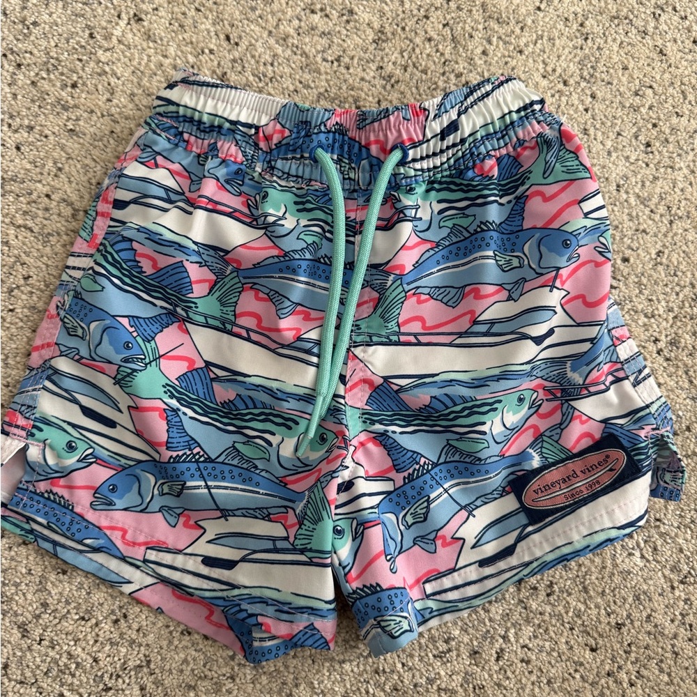 Vineyard Vines Kids Swim Trunks - Blue, Pink, Green Fish Design